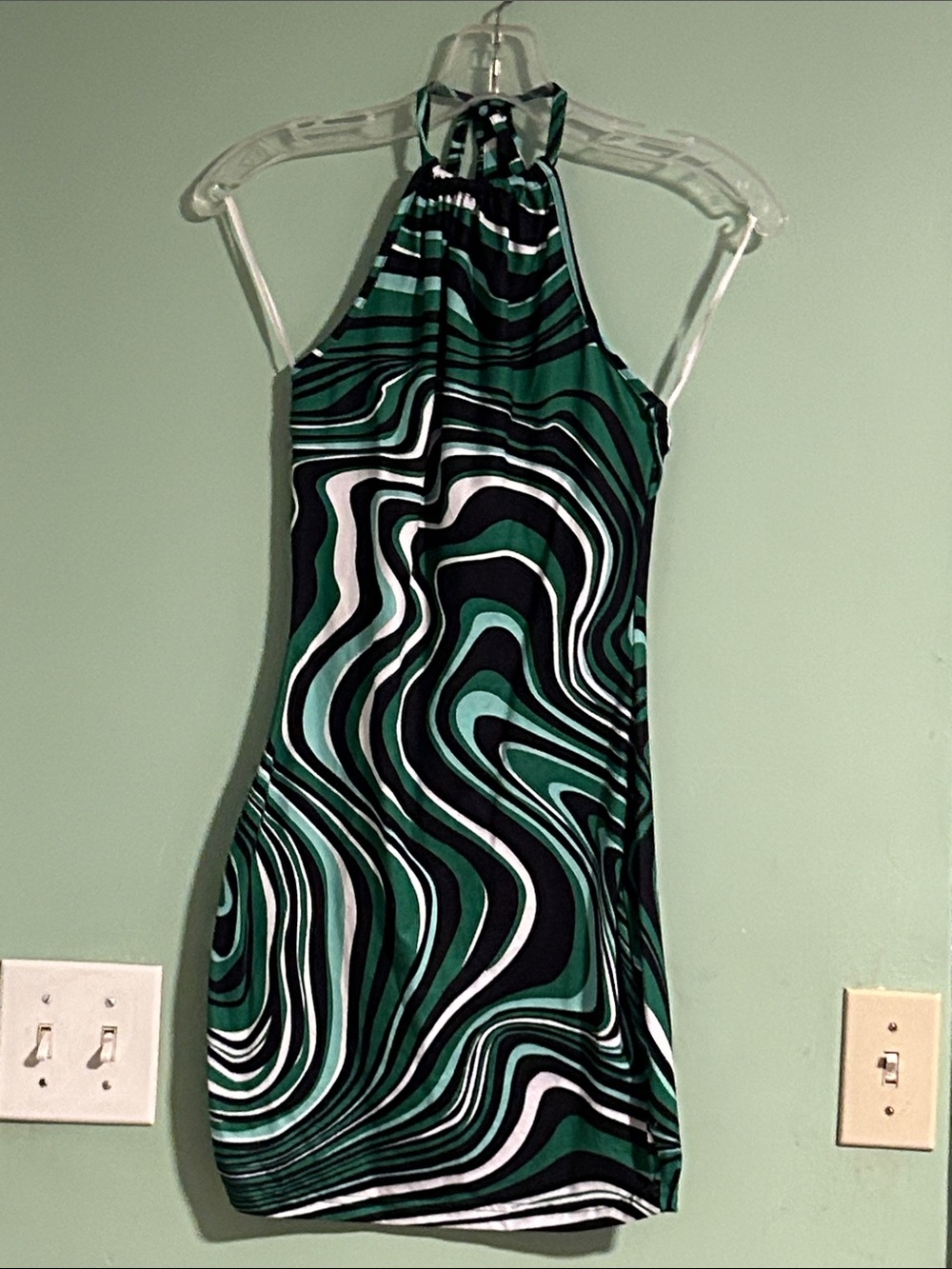 Green SHEIN Swirl Halter Mini Dress - SHEIN